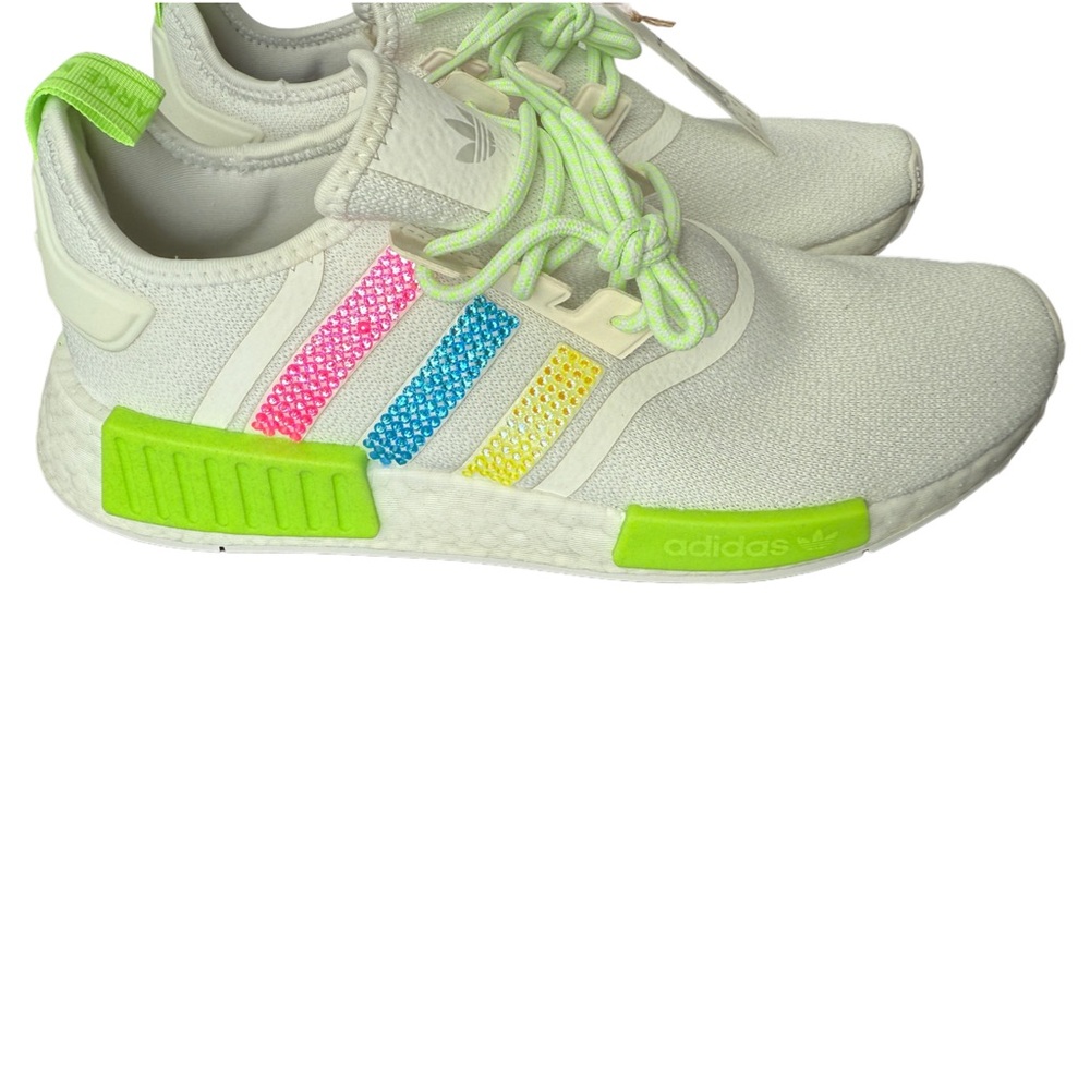 Adidas NMD R1 White Sneakers with custom neon crystals on all 4 logos - Picture 4 of 8